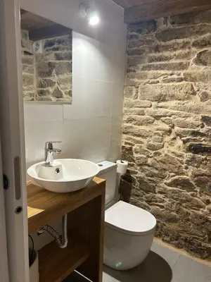 a bathroom with a white toilet and a sink at Casa Agolada in Golada