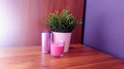 a glass of pink liquid sitting on a table with a potted plant at Foz Beach Home in Foz
