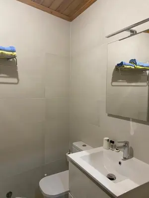 a white bathroom with a toilet and a sink at Casa Rural Santa Mariña in Portomarin