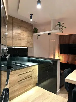 a kitchen with wooden cabinets and a black counter top at Kilometro 22 Luxury in Padrón