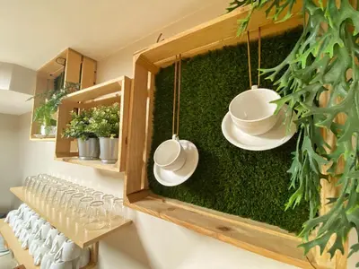 a green wall with plates and cups hanging from it at Hotel Ribeira Sacra in Monforte de Lemos