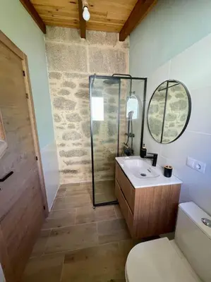 a bathroom with a shower and a toilet and a sink at A Casa Do Cuarto in Irijoa