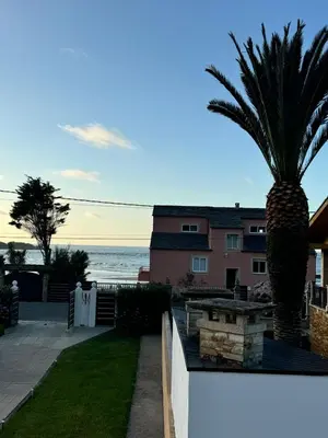 a house with a palm tree in front of the ocean at Chalet Abelleira Playa Barreiros in Barreiros