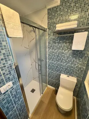 a bathroom with a toilet and a glass shower at Chalet Abelleira Playa Barreiros in Barreiros
