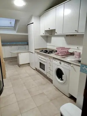 a kitchen with a stove and a washing machine at Ático Milladoiro in Milladoiro