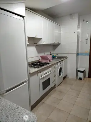 a kitchen with a stove and a washing machine at Ático Milladoiro in Milladoiro