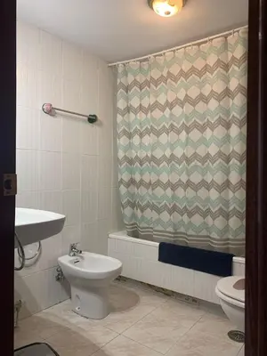a bathroom with a toilet and a shower curtain at Ático Milladoiro in Milladoiro