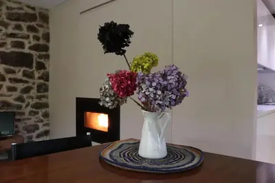 a white vase with flowers in it on a table at Luxury Pombar in Ourense