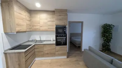 a kitchen with wooden cabinets and a sink and a bed at Alojamiento Las Nogueiras in La Caridad