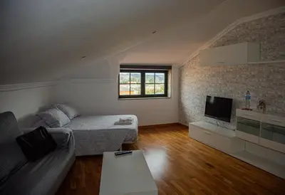 a living room with a couch and a tv at Mirador del Camino in Melide