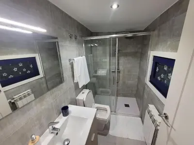 a bathroom with a shower and a toilet and a sink at Casa Mateo in Allariz