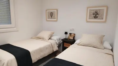 a bedroom with two beds and a cat sitting on a table at Apartamento La Ribera in Betanzos