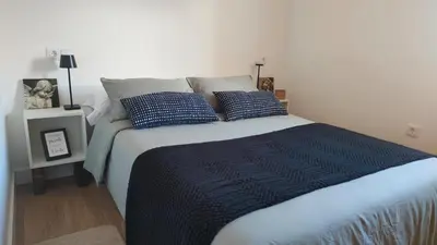 a bedroom with a large bed with blue sheets and pillows at Apartamento La Ribera in Betanzos