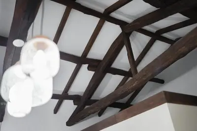 a light hanging from a ceiling with wooden beams at Apartamentos Bágoas de Mencía Peares Ribeira Sacra in Carballedo