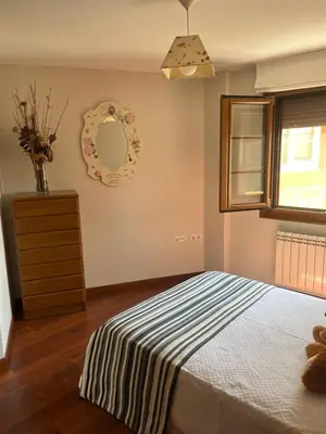 a bedroom with a bed and a mirror on the wall at A Xanuca in Taramundi