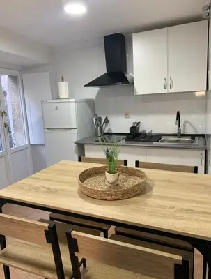 a kitchen with a table with a potted plant on it at A Casa do Sastre1 in Ribadavia