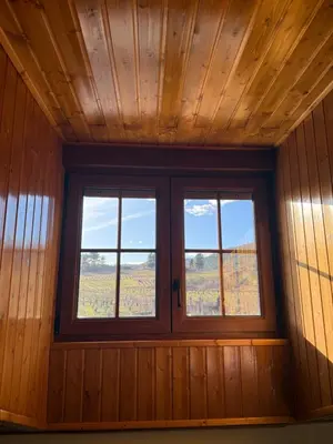 a room with two windows in a wooden wall at La casa de Canedo in Arganza