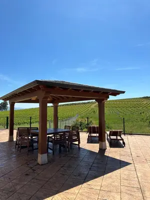 a wooden pavilion with tables and chairs in front of a field at La casa de Canedo in Arganza