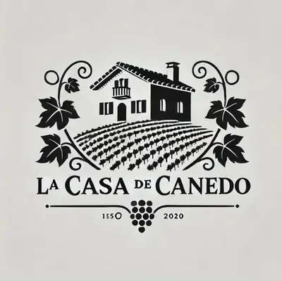 a label for a wine cellar with a house and grapes at La casa de Canedo in Arganza