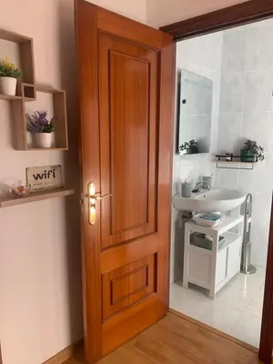 a bathroom with a wooden door and a sink at A Casa do Sastre 2 in Ribadavia