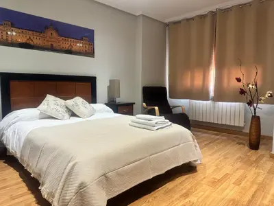 a bedroom with a large bed and a chair at El rincón de Emilio in Monforte de Lemos