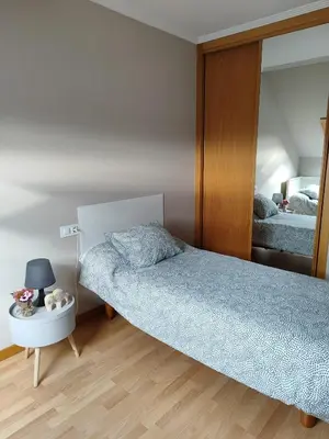 a bedroom with a bed and a mirror at Apartamento Atico Lúa As Catedrais in San Miguel de Reinante