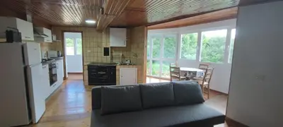 a living room with a couch and a kitchen at Casa do Outeiro de Aguil in Castro Caldelas