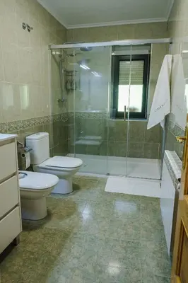 a bathroom with a shower and a toilet and a sink at Casa Rouco in Melide