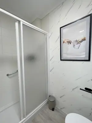 a bathroom with a shower and a picture on the wall at Lucus Urban Centre in Lugo