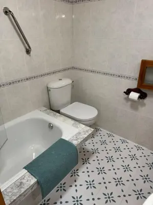 a bathroom with a toilet and a bath tub at La casa Azul in Allariz