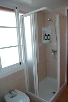a bathroom with a shower and a toilet and a sink at A Casa do Buxo in Casardeita