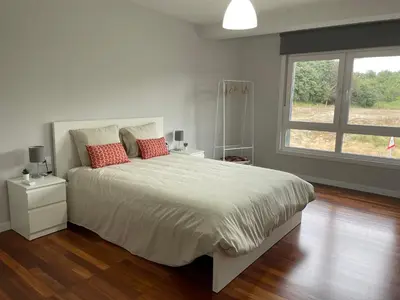 a bedroom with a bed with red pillows and a window at Casa Pilar Primero in Sigüeiro