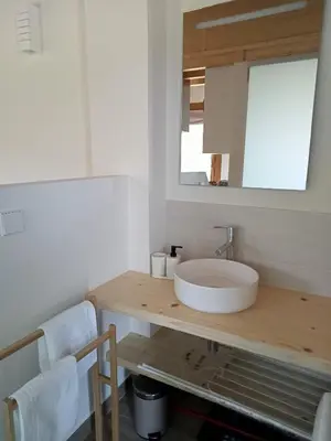 a bathroom with a sink and a mirror on a counter at Mini Room Ron in Merou