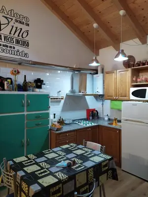 a kitchen with a green refrigerator and a table at Refugio Alto Sil in Páramo del Sil