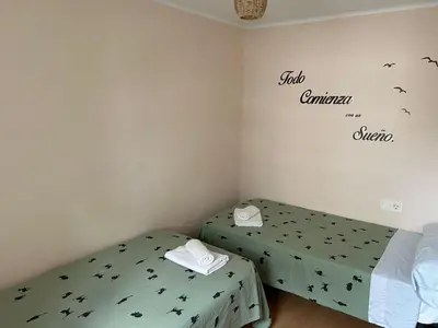 two beds in a room with birds on the wall at O Pisiño in Ourense