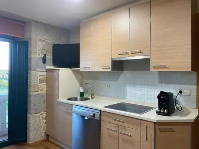 a kitchen with wooden cabinets and a sink at Apartamentos Río Sil in Sober