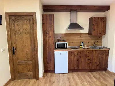 a kitchen with a white refrigerator and a microwave at Apartamentos Sanabria in Galende