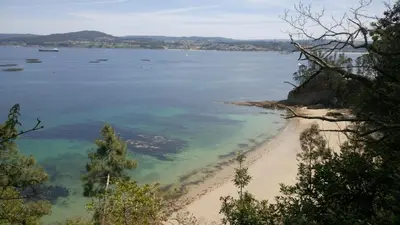 a view of a beach with boats in the water at Casita con jardin en Sada in San Andrés de Carnoedo