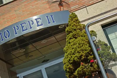 a sign on the front of a building with a tree at Hostal Tio Pepe II in Bembibre