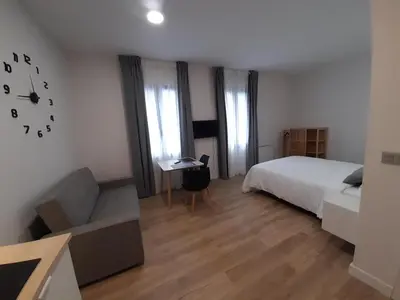 a bedroom with a bed and a couch and a desk at Apartamentos Recunchos in Ourense