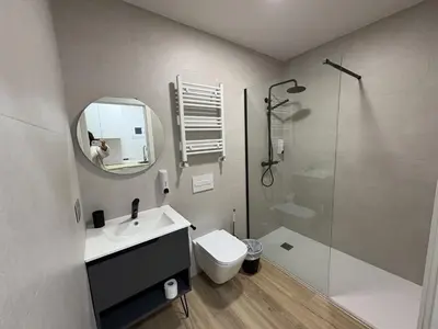 a bathroom with a sink and a toilet and a mirror at Apartamentos Recunchos in Ourense