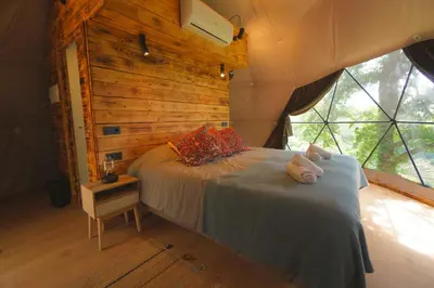 a bedroom with a bed with a wooden wall at Geodesic Domes with Best Views in Ribeira Sacra in Pincelo