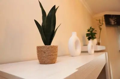 a table with three vases and a plant on it at Arel Dúplex in Lugo