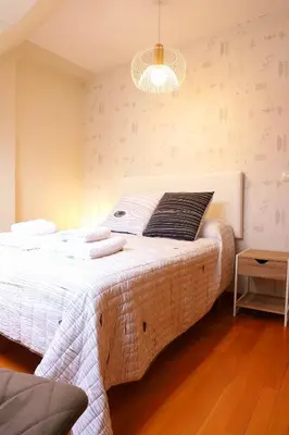 a bedroom with a large white bed with a chandelier at Arel Dúplex in Lugo