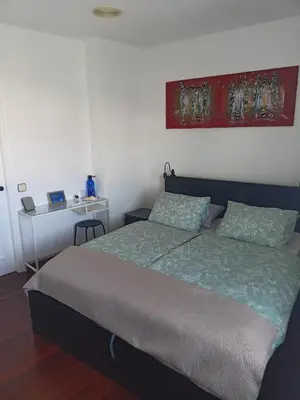 a bedroom with a bed and a table with a laptop at Cesuresrooms1 in Puentecesures