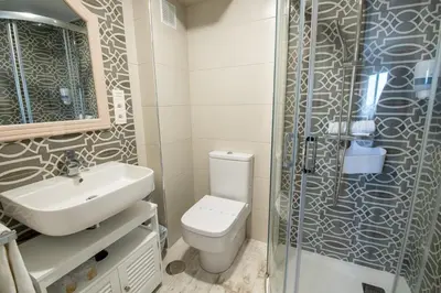 a bathroom with a toilet and a sink and a shower at Hotel el Pinar in Villapedre