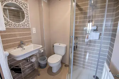 a bathroom with a toilet and a sink and a shower at Hotel el Pinar in Villapedre