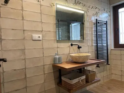 a bathroom with a sink and a mirror at La Curtía del Neto in El Franco