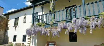 a bunch of purple wisterias hanging from a balcony at Pazo Casa Solariega de Cervantes in San Román