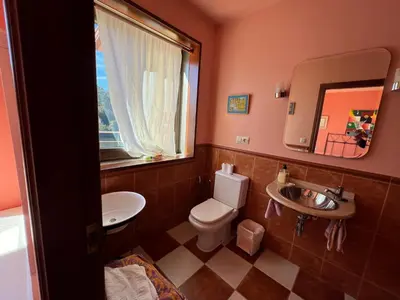 a bathroom with a toilet and a sink and a window at Casa Río Miño CORTEGADA in Cortegada